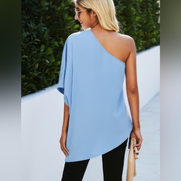 Light Blue One-Shoulder Asymmetrical Tunic Top - Picture 2 of 2